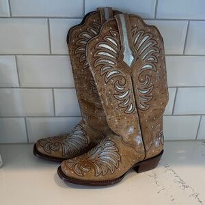 Authentic J.B. Dillon Ostrich Skin Brown and Silver Heeled Boots